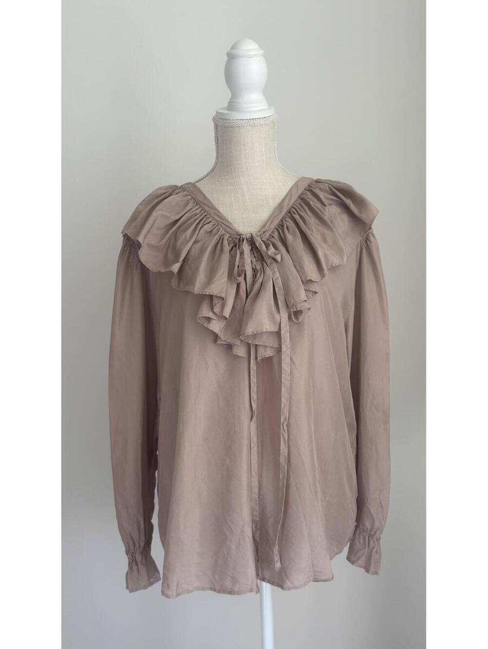 Cottagecore Silk Ruffle Tie-Neck Long Sleeve Blouse